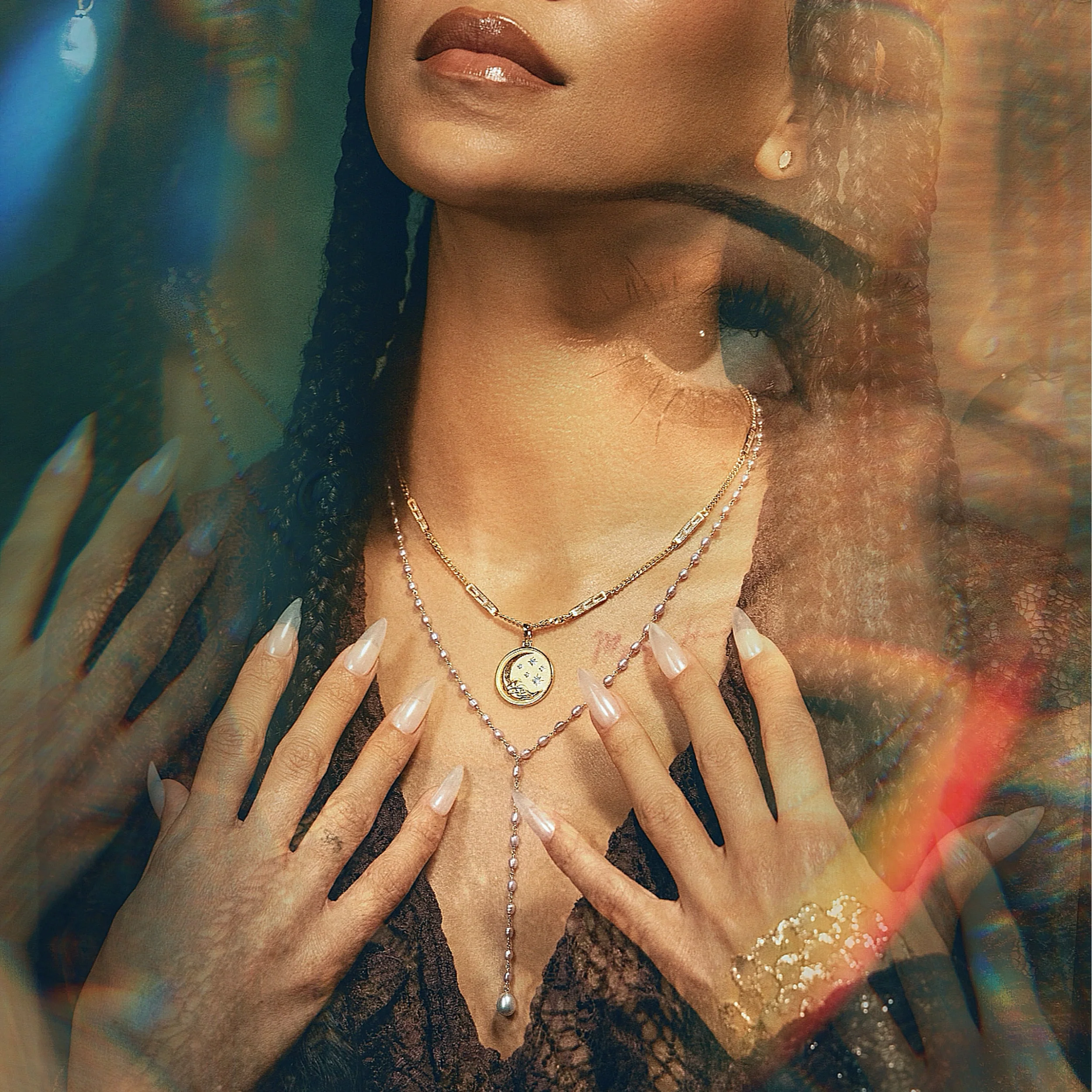 Jhené's Aquamarine Moon Wave Baguette Necklace - Image 2